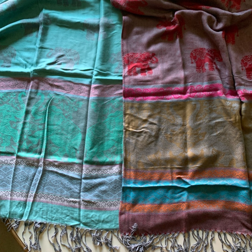 2 Save the Elephant Silk Scarves (handmade international) 1 Paisley type print